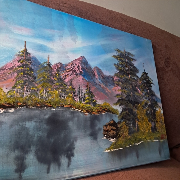 Bob Ross Inspired Hand Painted Canvas Purple Mountains Big Evergreen Trees - Picture 3 of 6